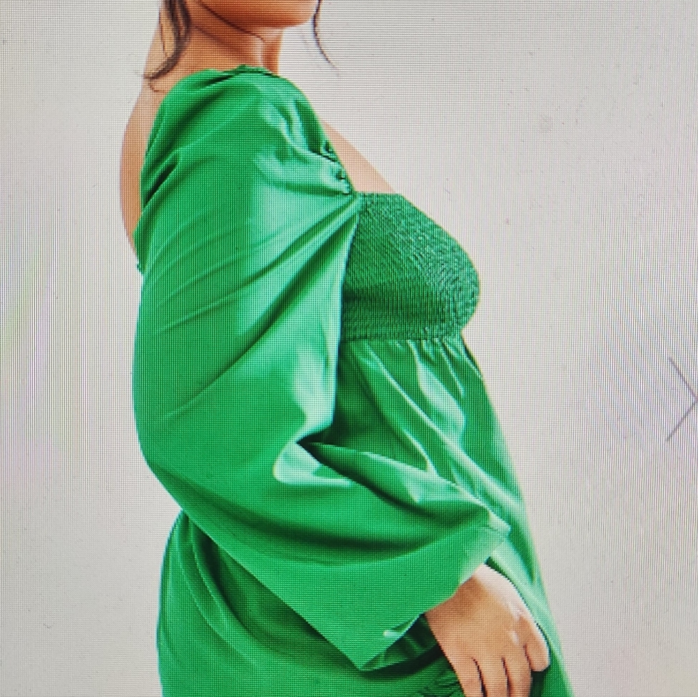 Green Chiffon Shirred Front Shift Dress